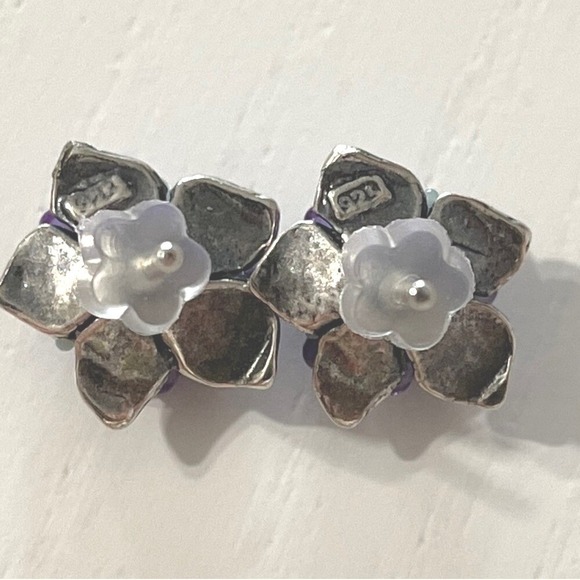 Sterling Silver Petite Purple Flower Stud Earrings Glass Lampwork Earrings - Picture 6 of 9